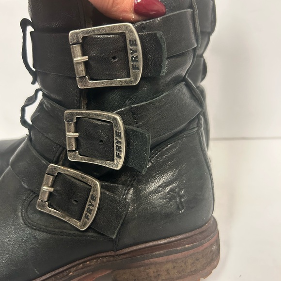 Frye Boots Valerie Women's Strappy Sz 6 Black Leather Shearling Moto Buckle - Picture 7 of 16
